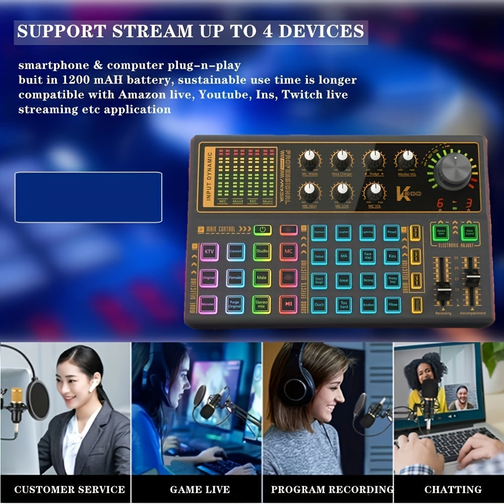 K300 Pro Podcasting Bundle - Enhanced Condenser Mic, RGB Voice Changer Sound Card, Rich Sound Effects, Ideal for Streaming, Podcast, Gaming, Recording, YouTube & PC